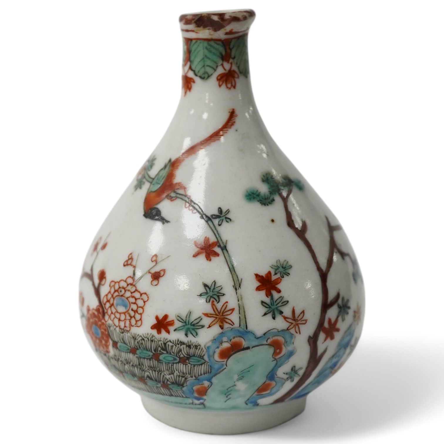 An unusual Dutch decorated Japanese bottle vase, probably 1700-1730. 10cm. Condition - fair